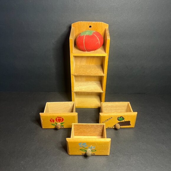 Vintage Hangable Wooden 3 Drawer Sewing Organizer w/ Pincushion Florida Souvenir - Picture 4 of 9